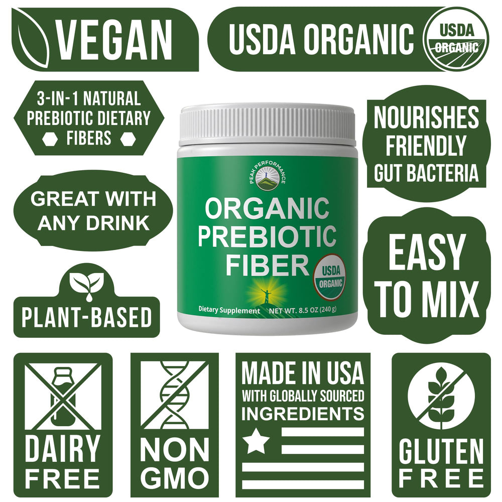 Peak Performance organic inulin from Jerusalem artichoke is a key prebiotic fiber.