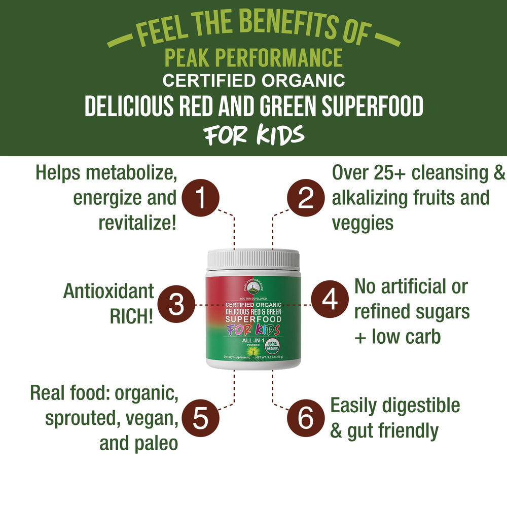 Peak Performance Kids Greens Reds pour into a glass demonstrating easy mixing