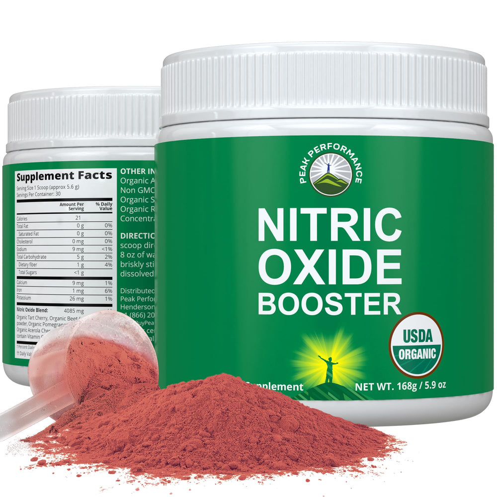 Peak Performance nitric oxide booster tub front with organic ingredients for natural energy support.