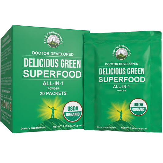 Peak Performance Organic Greens travel packet front view for on-the-go energy