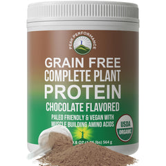 Peak Performance Organic Plant Protein chocolate tub front, supports lean muscle with hemp and pea blend.