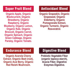Peak Performance Organic Reds nutrition label highlights 25+ natural ingredients