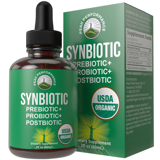 Peak Performance Organic Synbiotic liquid drops bottle for easy daily gut support.