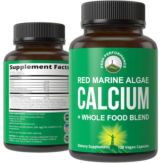 Peak Performance Plant Based Calcium bottle showing vegan capsules for daily bone-support supplementation