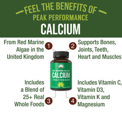 Peak Performance Plant Based Calcium capsules close-up highlighting natural mineral source from red algae