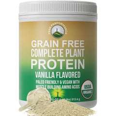 Peak Performance vanilla plant protein powder ready to mix for a nutritious shake.