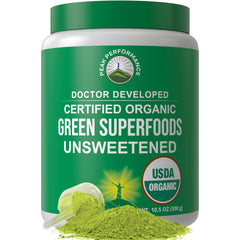 Peak Performance unsweetened greens powder container showing premium green powder