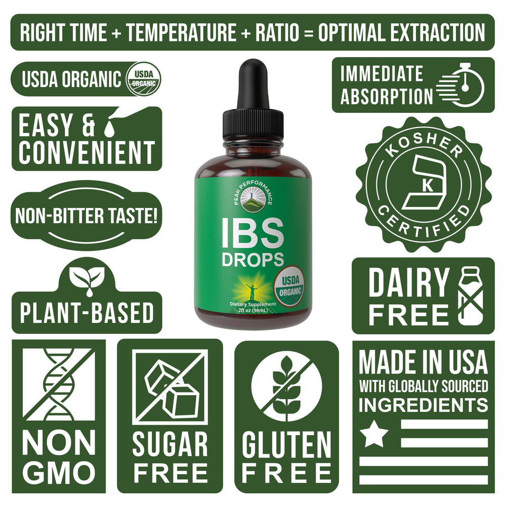 Peak Performance IBS Drops close-up showcases premium organic drops.