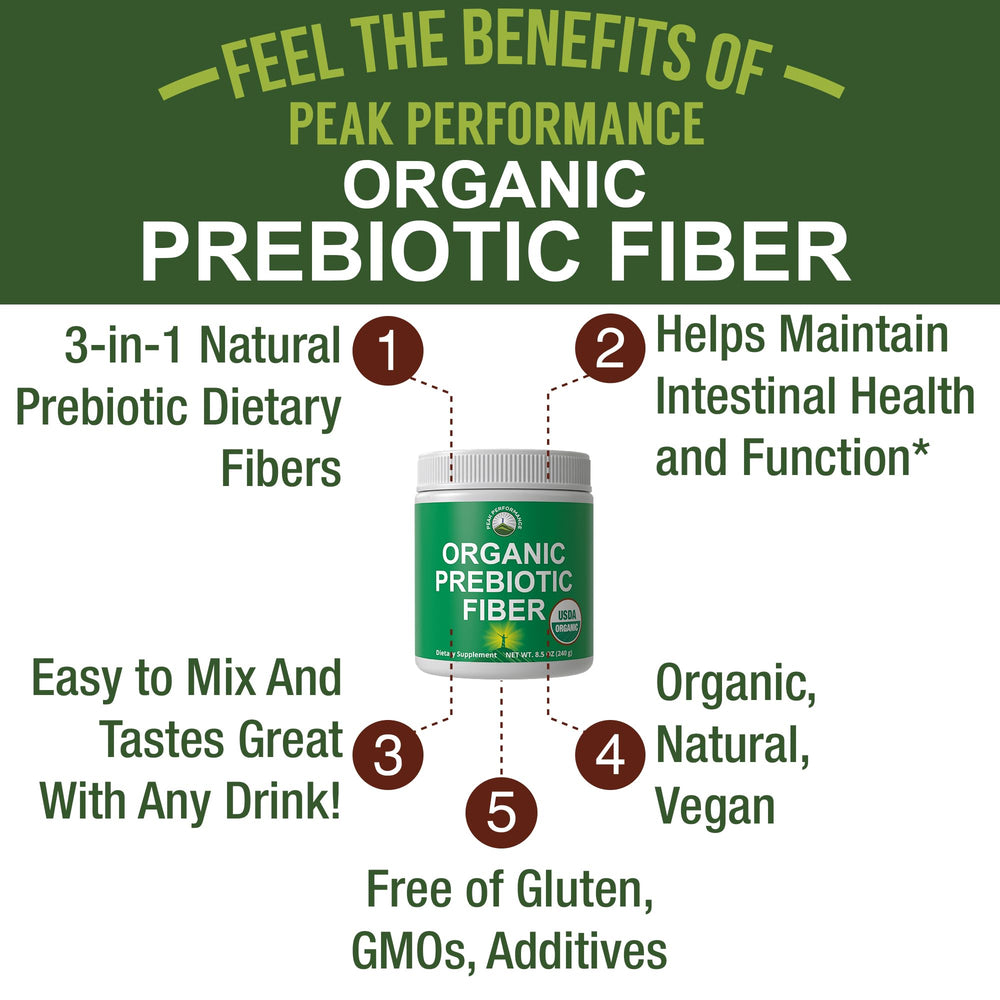Peak Performance scoop with powder ready to mix into water for daily digestion support.