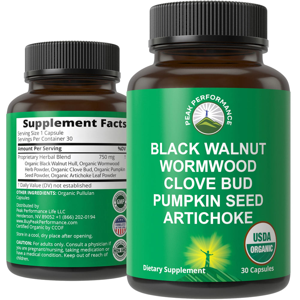 Peak Performance Wormwood Black Walnut Clove Cleanse bottle ready for daily digestive support.