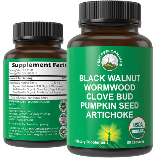 Peak Performance Wormwood Black Walnut Clove Cleanse bottle ready for daily digestive support.