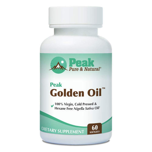 Peak Pure & Natural Peak Golden Oil bottle, pure organic oil for daily skin nourishment.
