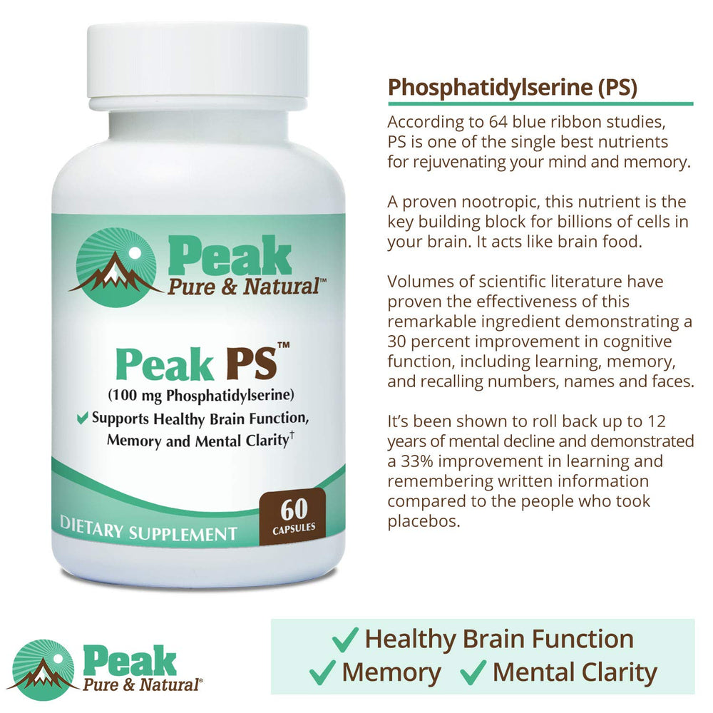 Peak Pure & Natural Peak PS packaging, 30-count softgels for regular brain health support.