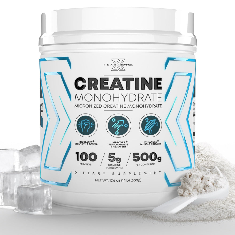 Peak Revival-X creatine monohydrate powder jar for strength and endurance