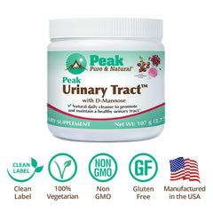 Peak Urinary Tract Powder packaging highlights vegan, gluten-free, USA-made quality.
