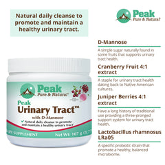 Peak Urinary Tract Powder with D-Mannose and cranberry, ready with a dosing scoop.