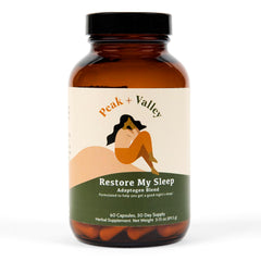 Peak + Valley sleep aid bottle front view promoting deep sleep support.
