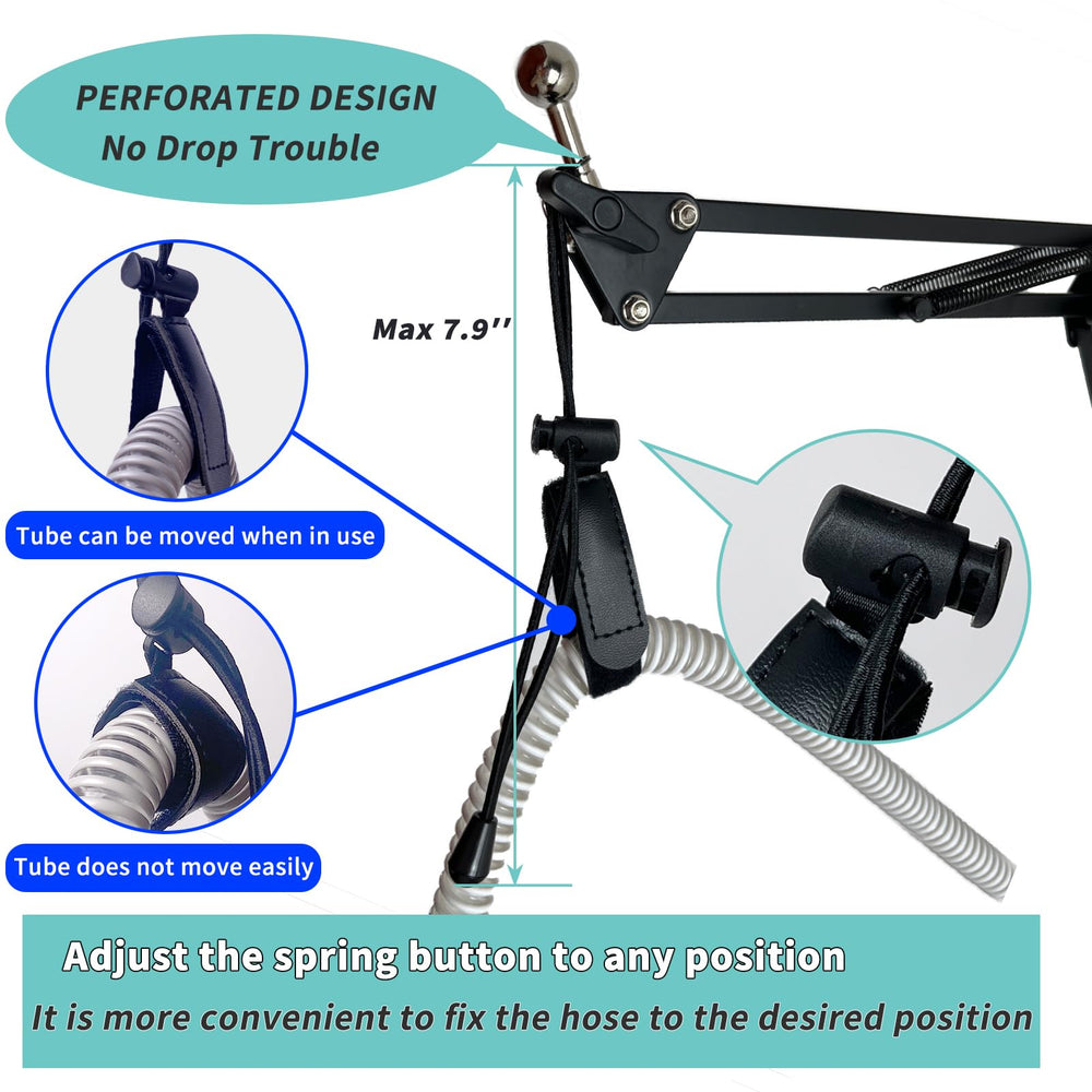 PeakBlen CPAP hose holder stand with straps and base weights for security.