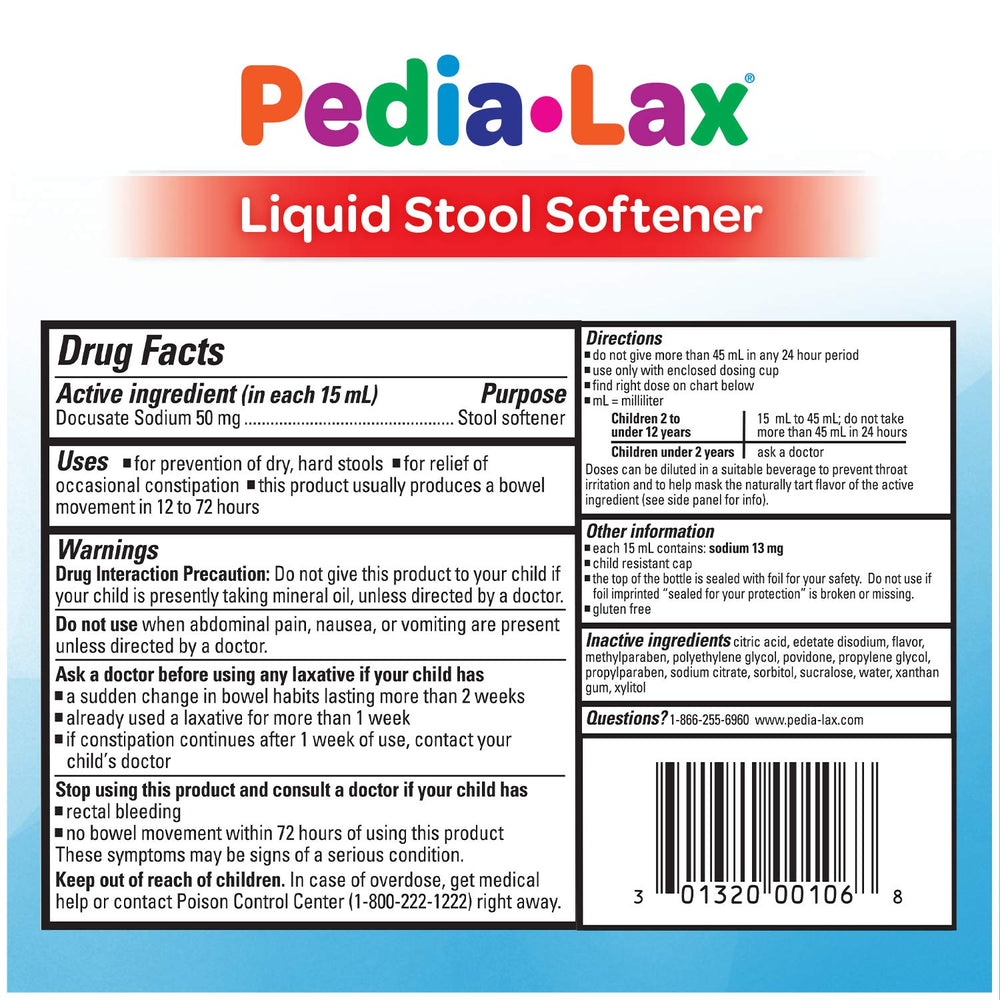 Pedia-Lax bottle pictured with milk or juice to mix for easy dosing.