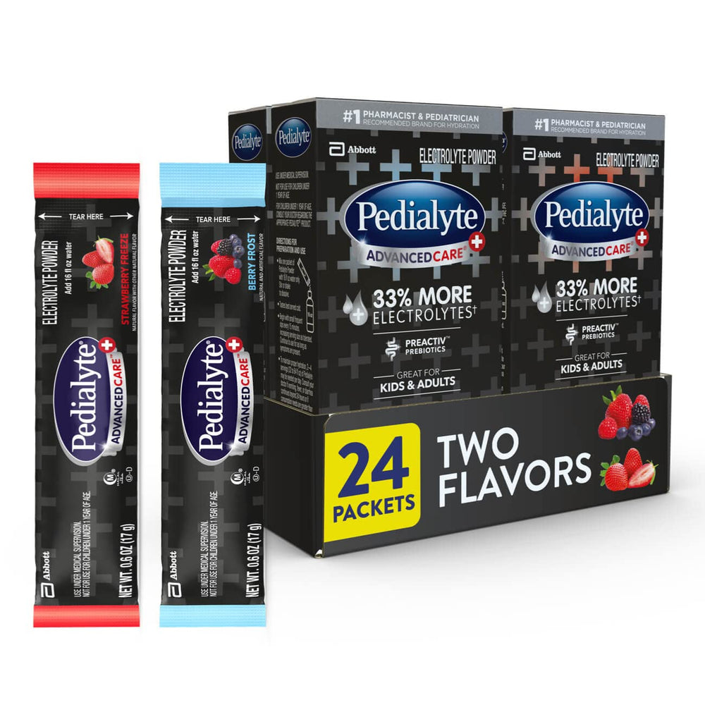 Pedialyte AdvancedCare Plus strawberry-freeze packet for quick hydration after activity