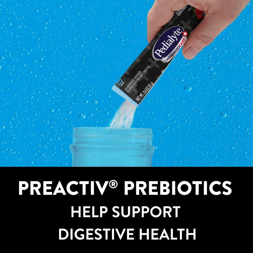 Pouring Pedialyte AdvancedCare Plus into a glass for fast electrolyte replacement