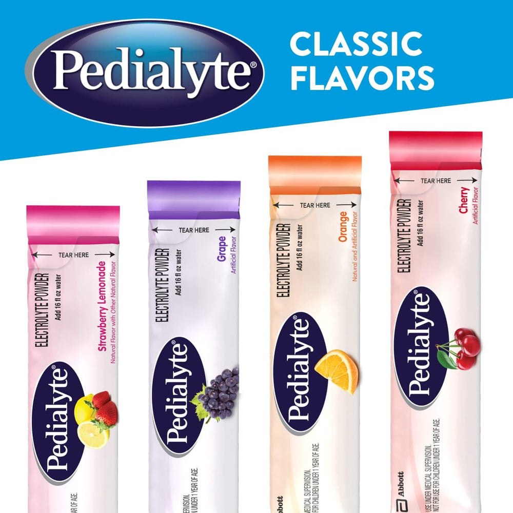 Pedialyte orange powder packet used after exercise for rehydration.