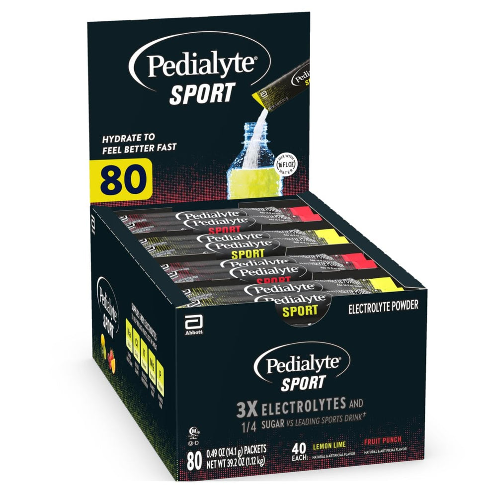 Pedialyte Sport fruit punch powder packet for fast hydration during workouts.