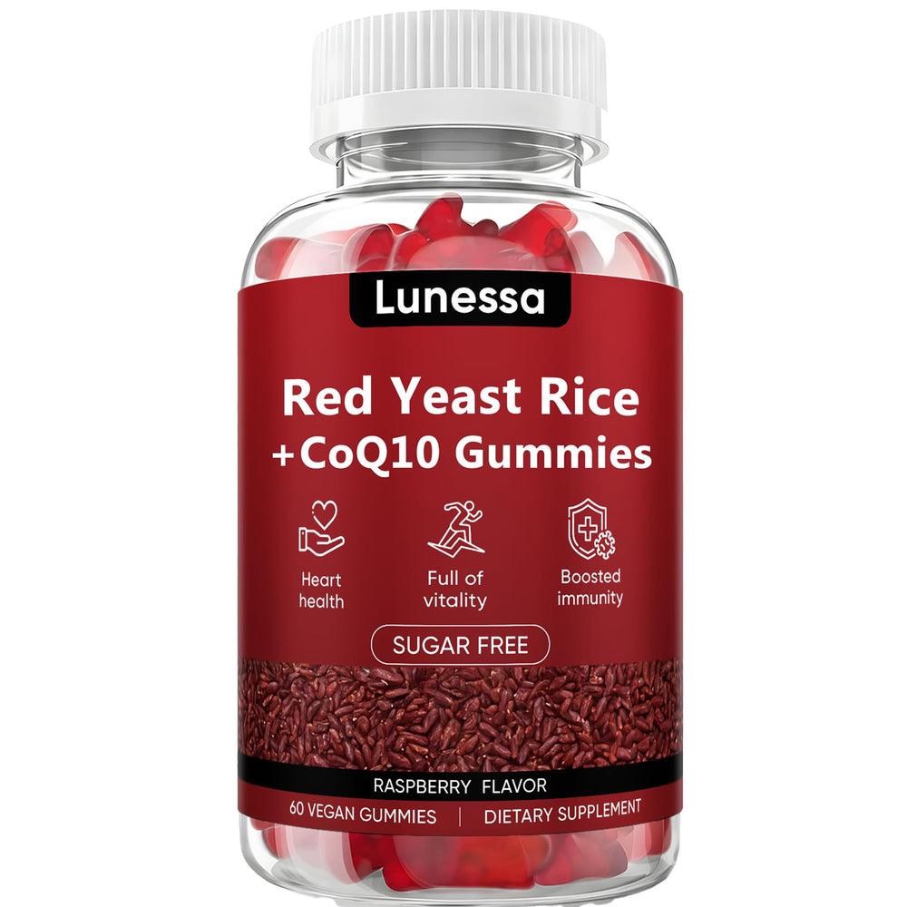 Peehss Red Yeast Rice CoQ10 gummies in raspberry flavor for daily wellness.