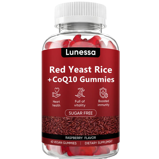 Peehss Red Yeast Rice CoQ10 gummies in raspberry flavor for daily wellness.