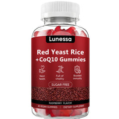 Peehss Red Yeast Rice CoQ10 gummies in raspberry flavor for daily wellness.