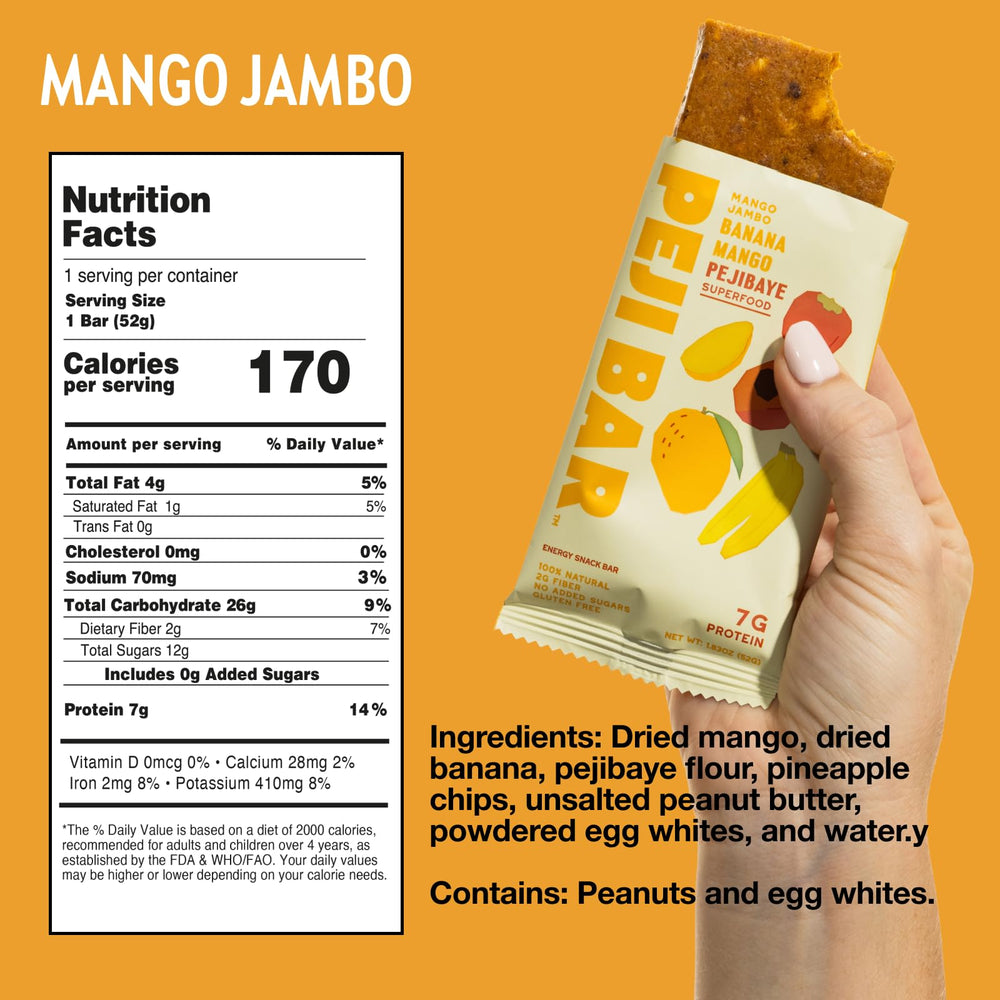 PEJI BAR Mango Jambo bar texture close-up highlights fiber-rich, natural ingredients.