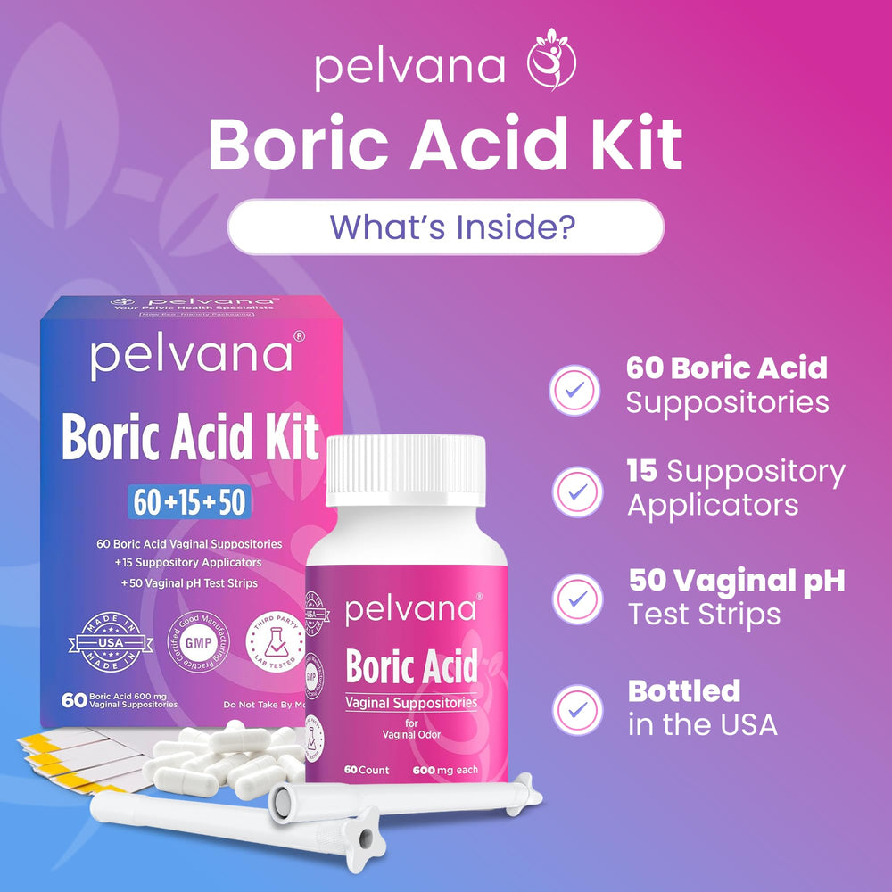 Pelvana boric acid suppositories box and suppositories for at-home care.