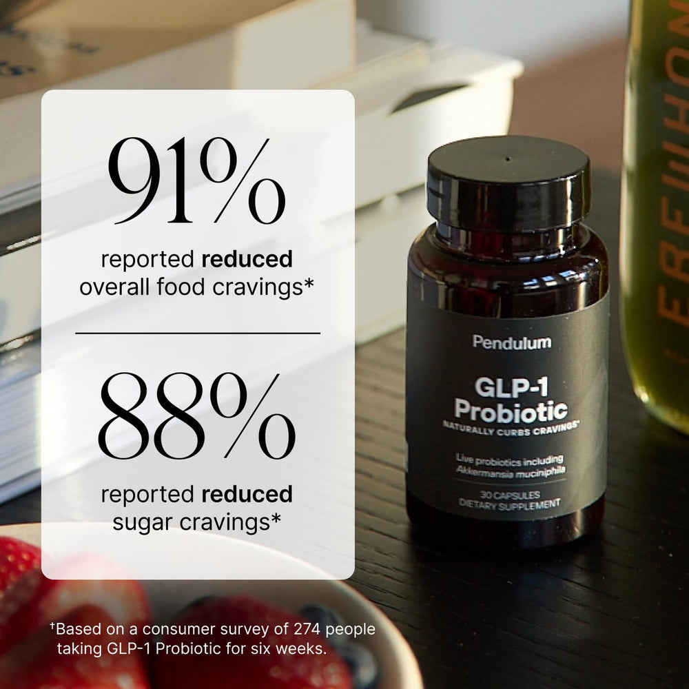 Pendulum GLP-1 Probiotic label detail featuring Akkermansia muciniphila ingredients.