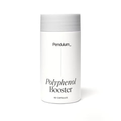 Pendulum Polyphenol Booster bottle shown on a clean kitchen counter for daily gut support.