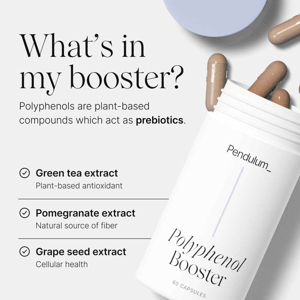 Pendulum Polyphenol Booster with glass of water beside a healthy gut scene.