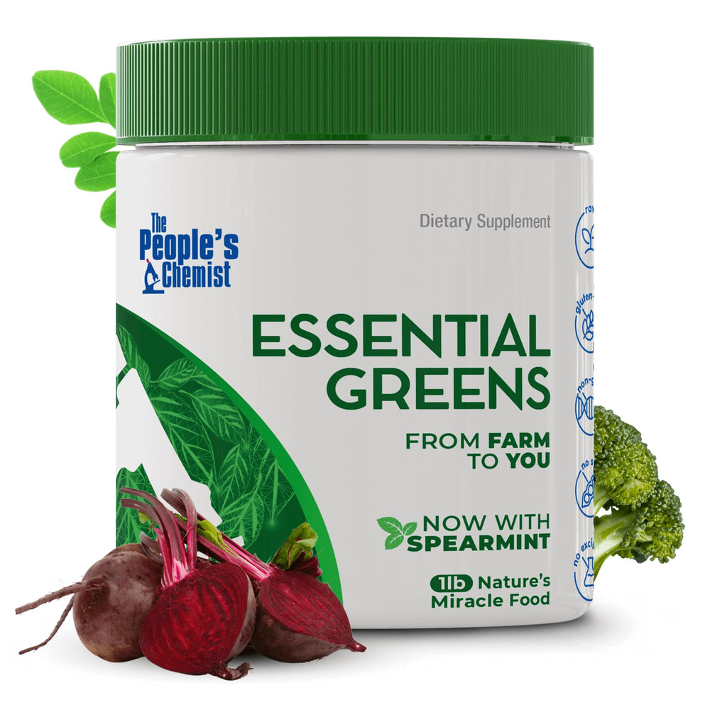 People's Chemist Essential Greens powder bottle shows a vibrant organic blend for daily vitality
