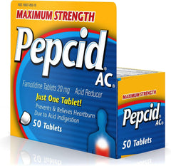 Pepcid AC package on kitchen counter during mealtime prep