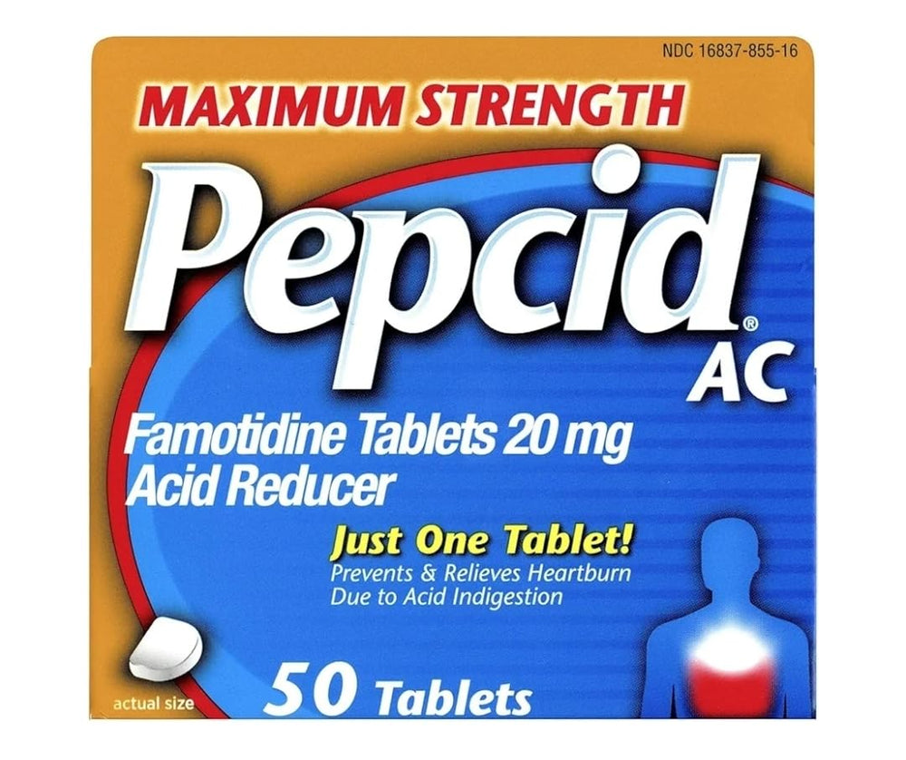 Pepcid AC bottle with maximum-strength tablets for fast acid relief