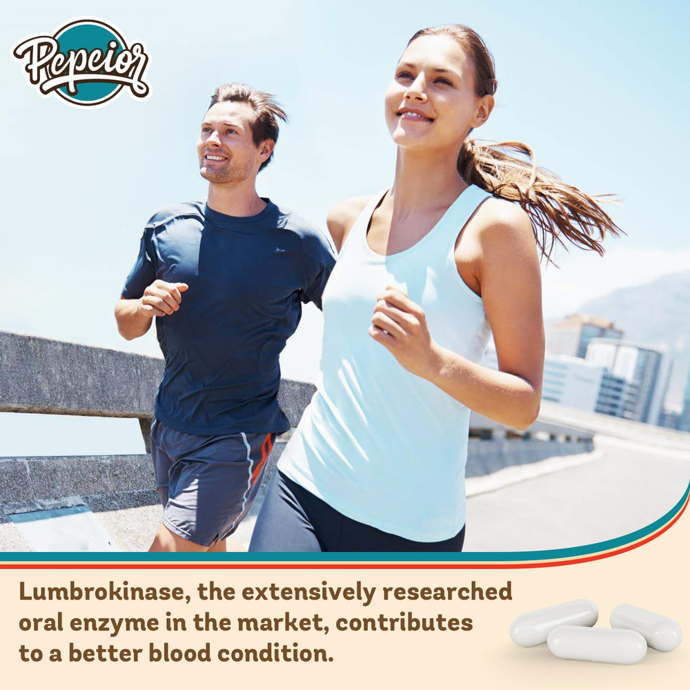 Pepeior Lumbrokinase bottle back shows product details and ingredients.