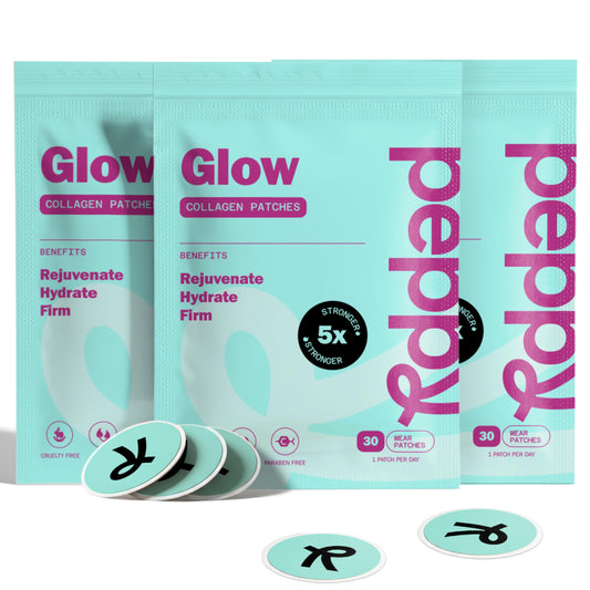 Peppy Glow Patches main pack shows three pouches offering a 90-day supply.