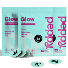 Peppy Glow Patches main pack shows three pouches offering a 90-day supply.
