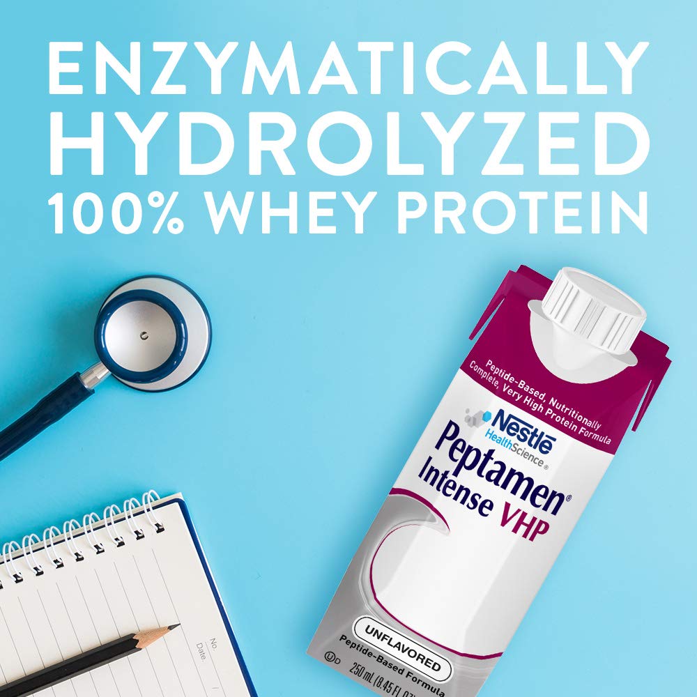 Peptamen Intense VHP nutrition facts panel for high-protein formula.