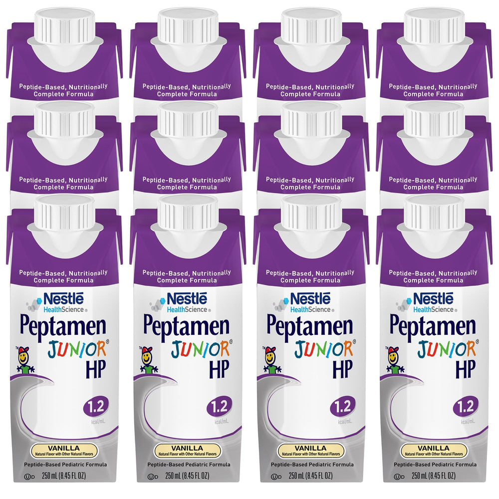 Peptamen Junior vanilla packaging emphasizes kid-friendly packaging and convenient 250 mL size