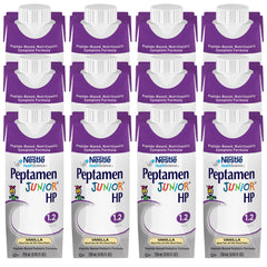 Peptamen Junior vanilla packaging emphasizes kid-friendly packaging and convenient 250 mL size