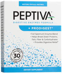 Peptiva Digestive Enzymes Prodigest bottle on kitchen counter for gut support