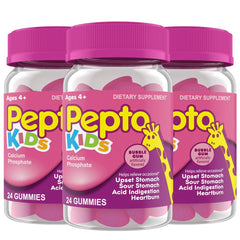 Pepto Kids Gummies bottle front with bubblegum flavor for tummy relief.