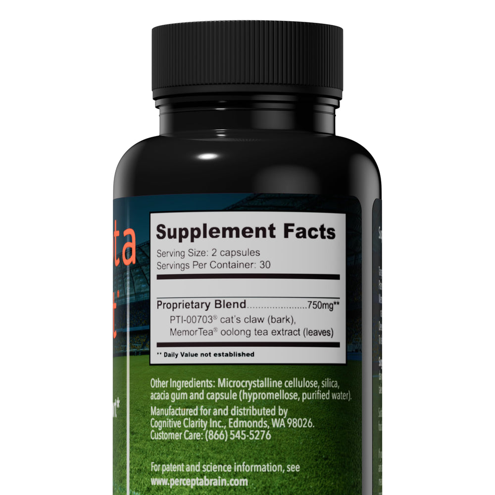 Percepta Sport bottle label closeup highlighting cat-s-claw and MemorTea ingredients for brain health support