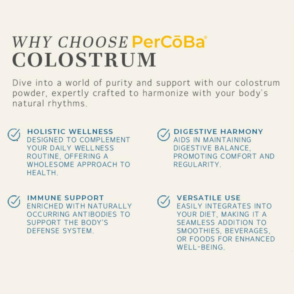 PERCOBA Colostrum ingredient label emphasizes non-GMO and gluten-free attributes.
