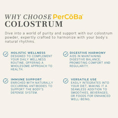 PERCOBA Colostrum ingredient label emphasizes non-GMO and gluten-free attributes.