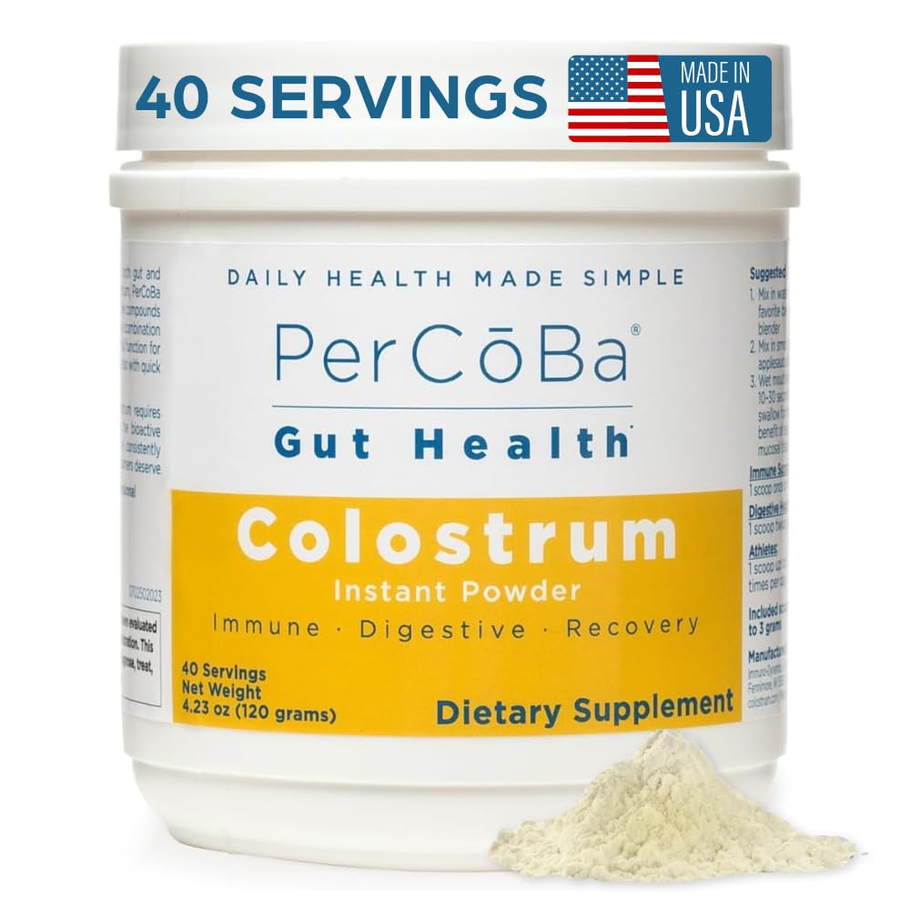 PERCOBA Colostrum Instant Powder bottle highlights first-milking purity for gut support.